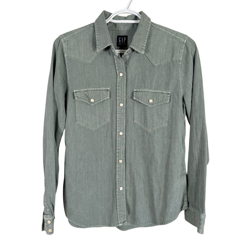 Gap Denim Western Shirt Pearl Snap Womens S‎ Green Long Sleeve Button Up Cotton